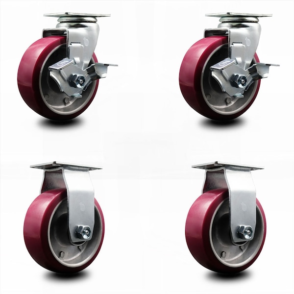 5 Inch Poly on Aluminum Caster Set with Ball Bearings 2 Brakes 2 Rigid SCC
